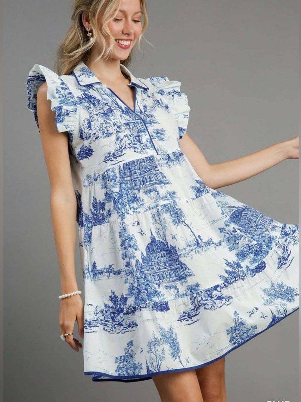 Umgee | Blue White Toile Flutter Sleeve Tiered Dress | Women’s Size: L